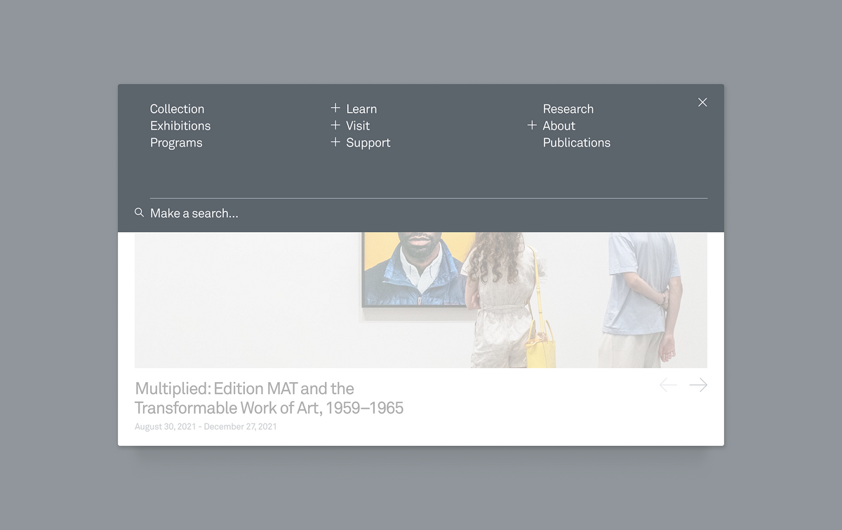 Image of the navigation menu design for Kemper Art Museum website.